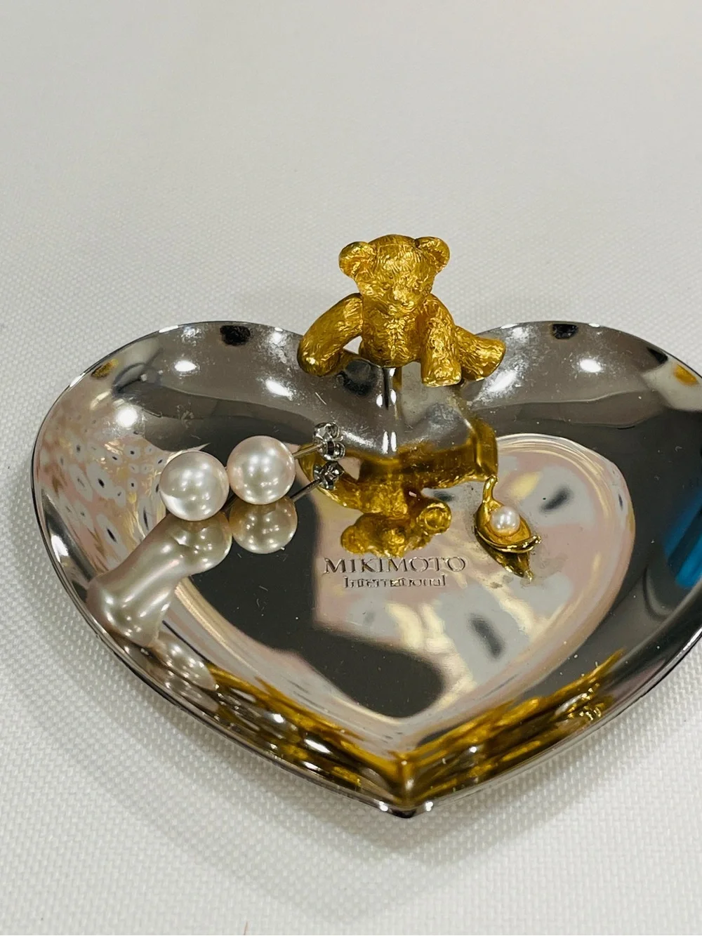 Mikimoto Silver Plated Heart Golden Bear with Pearl Jewelry Accessories Tray